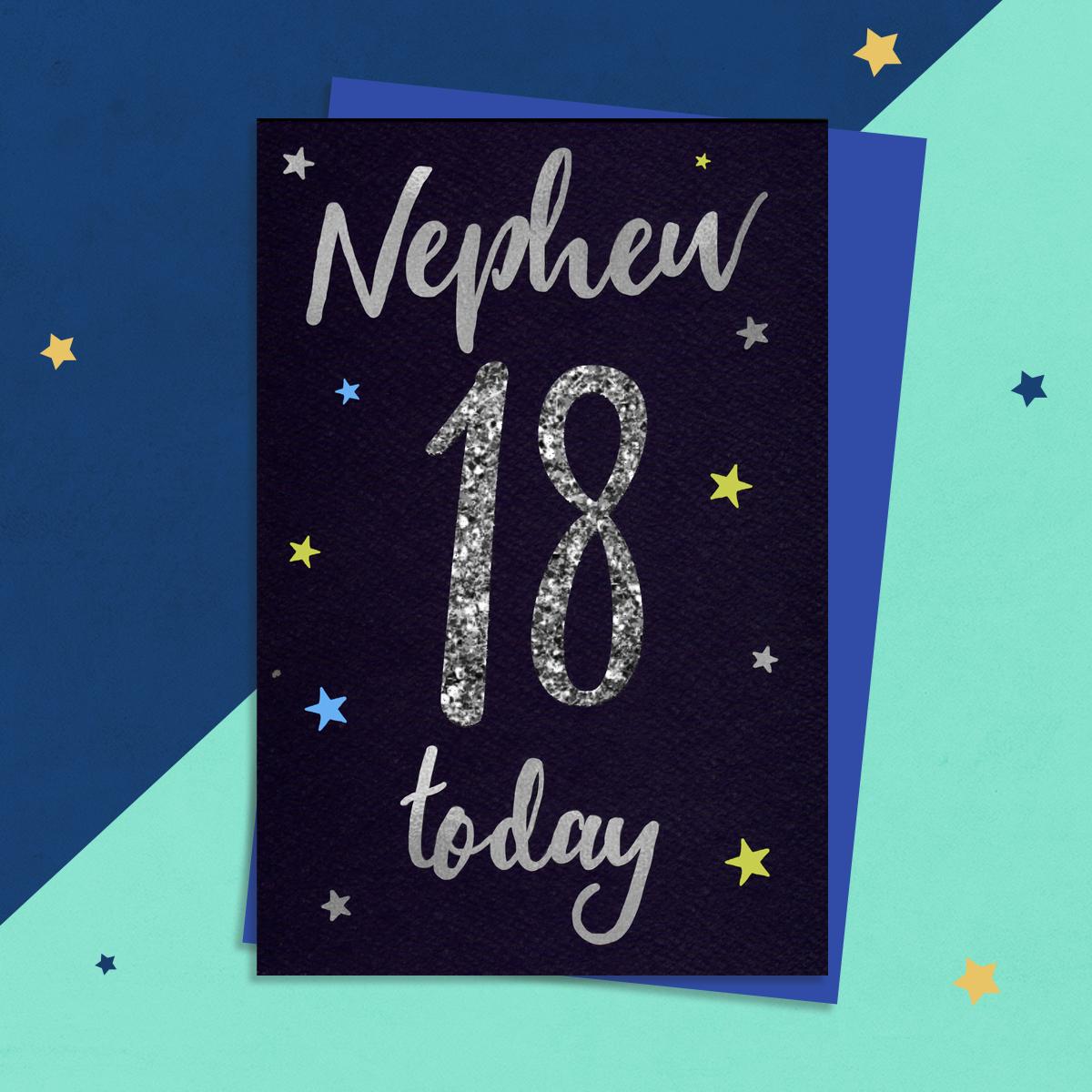Nephew Age 18 Birthday Card Alongside Its Royal Blue Envelope