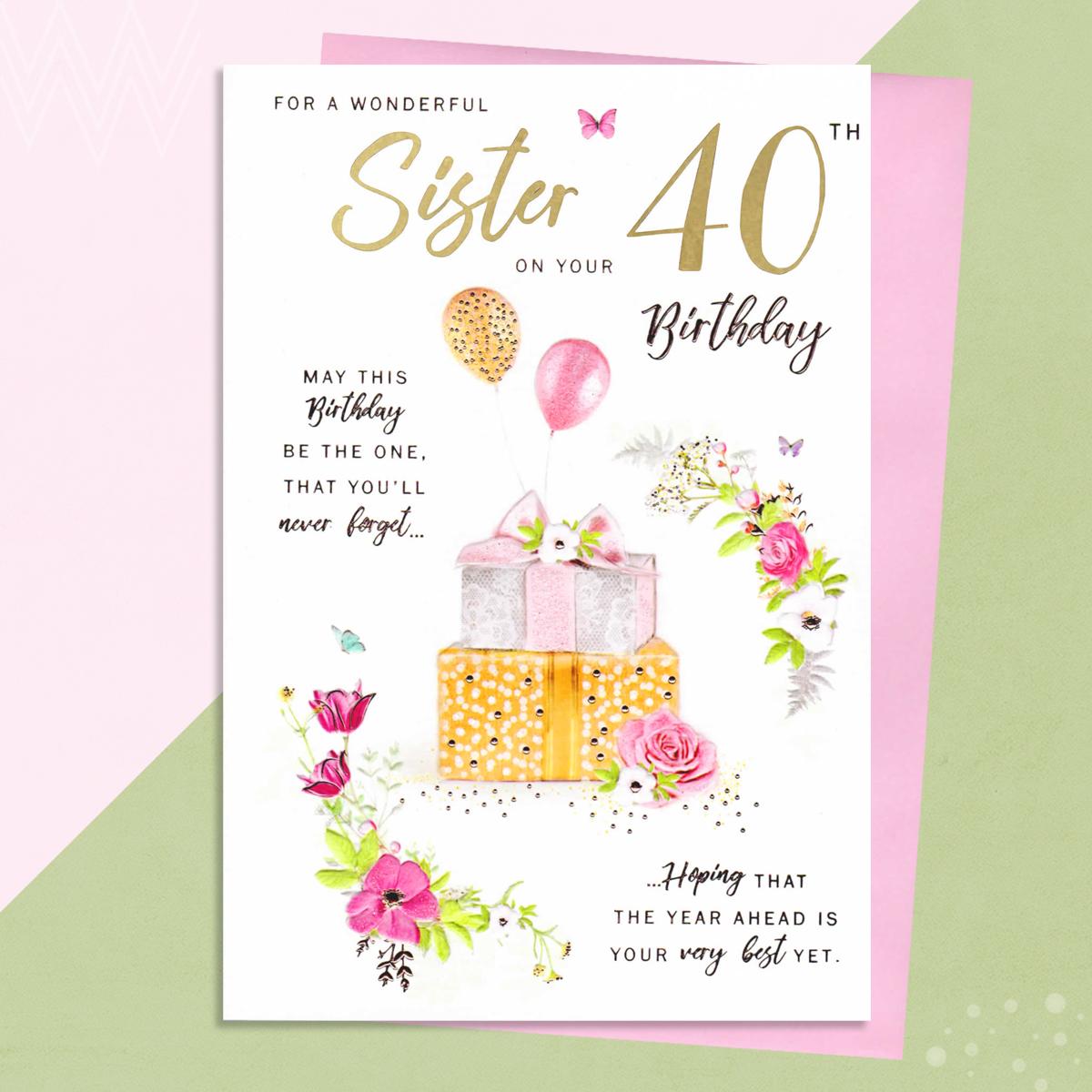 Sister Age 40 Birthday Card Alongside Its Envelope