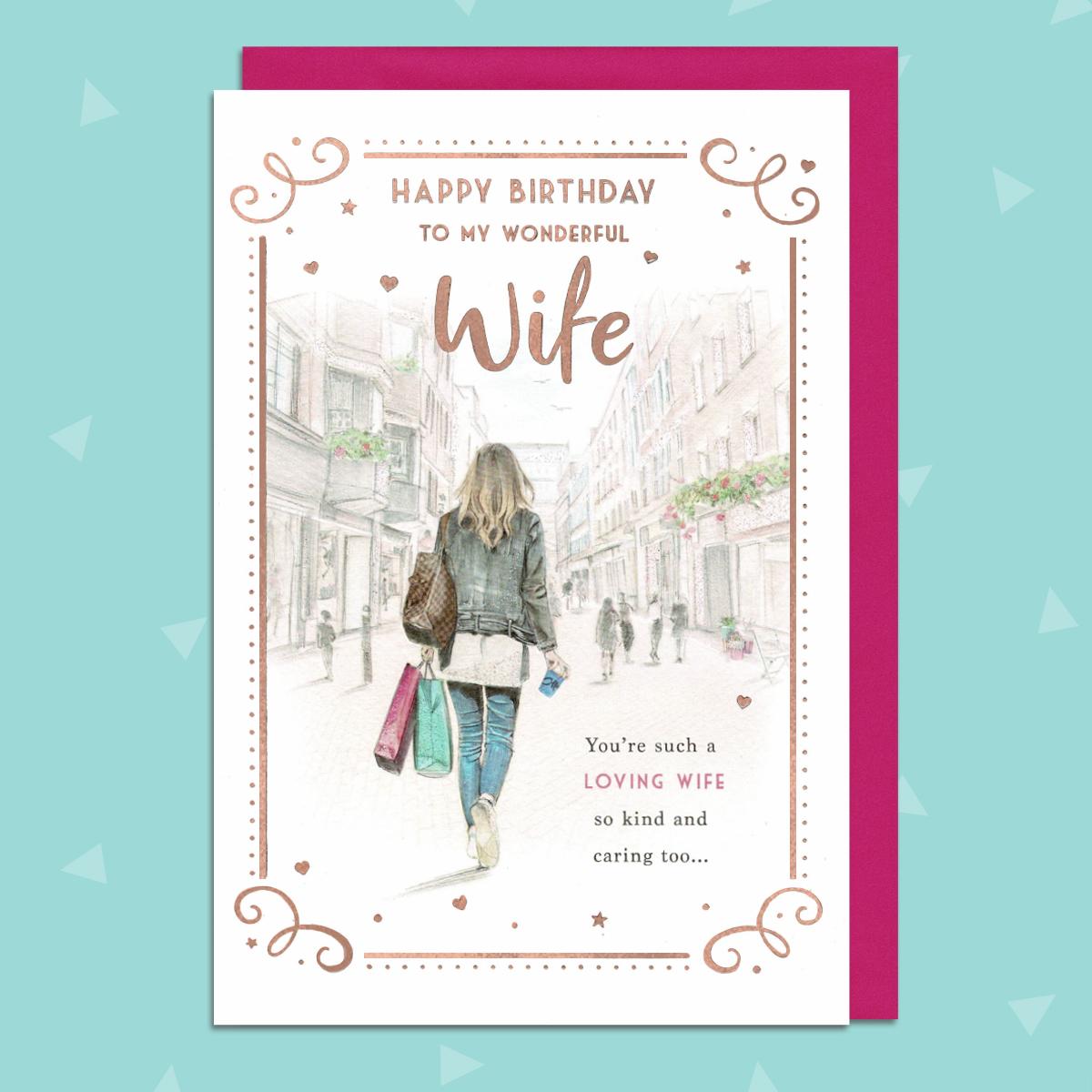 Wife Birthday Card Showing A Lady Walking Round The Shops