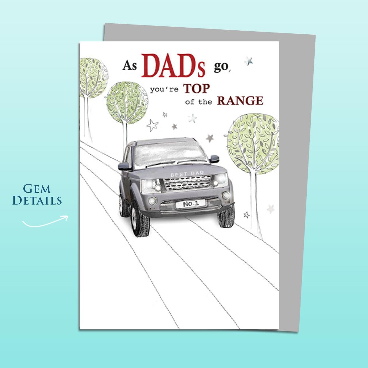 Dad Land Rover Themed Birthday Card Alongside Its Silver Envelope