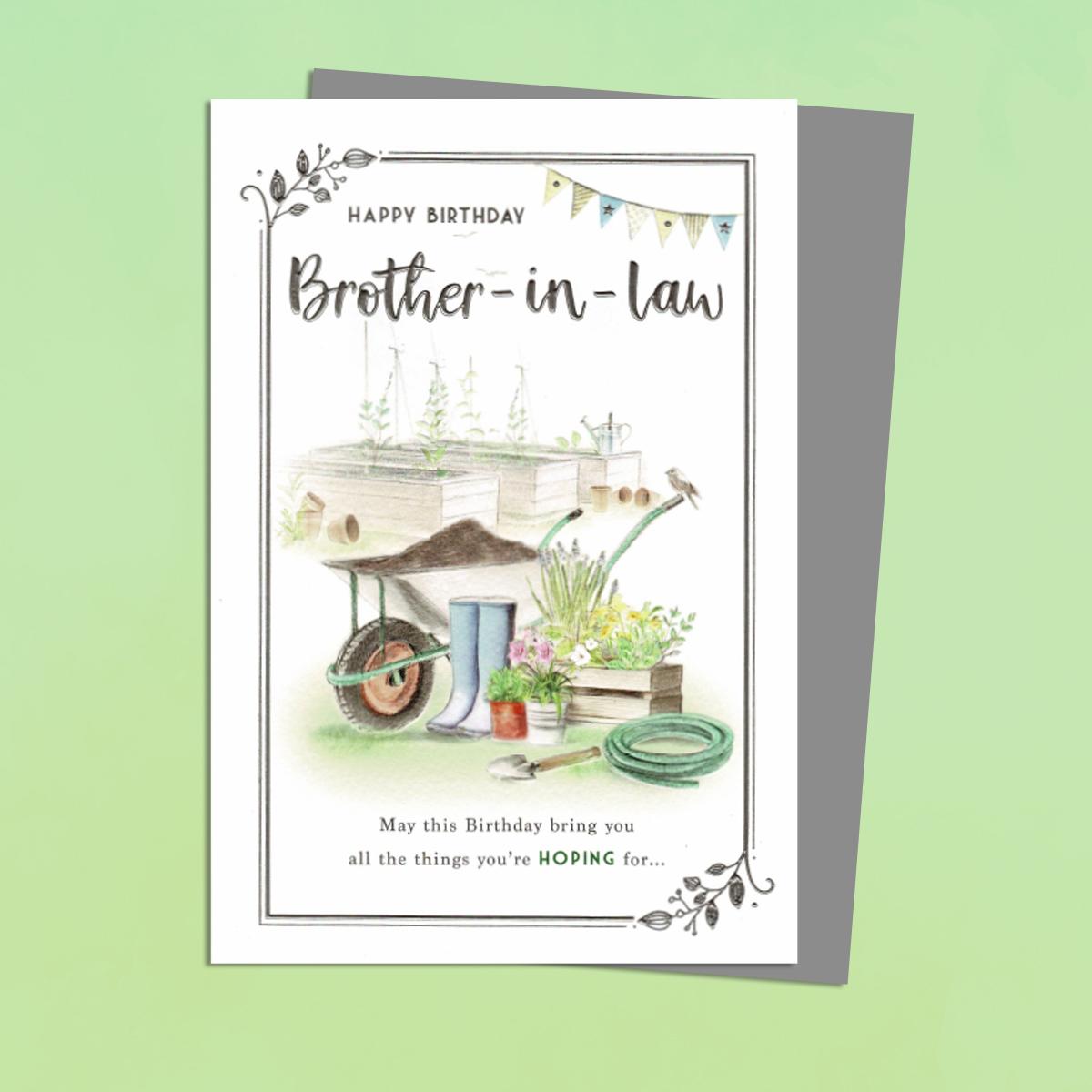 Brother In Law Gardening Scene Birthday Card Featuring A Wheelbarrow, Garden Shed And Plants
