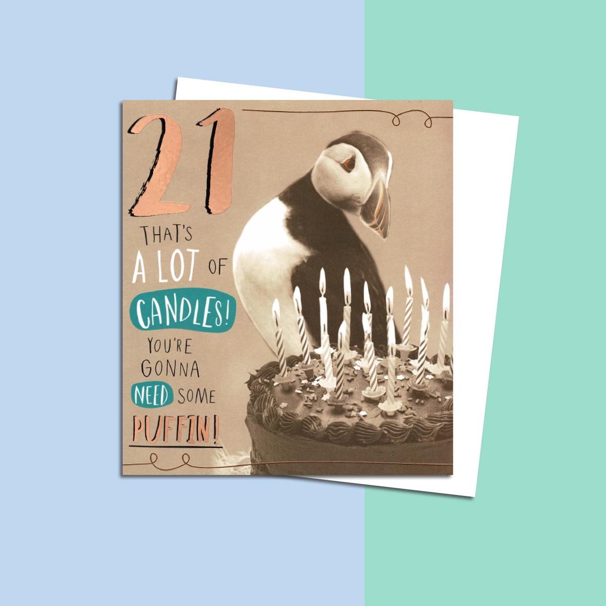 Age 21 Puffin Themed Birthday Card Alongside Its White Envelope