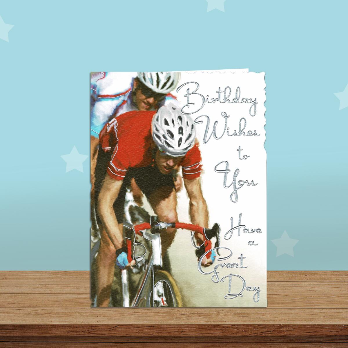 Cycling Themed Birthday Card Alongside Its White Envelope