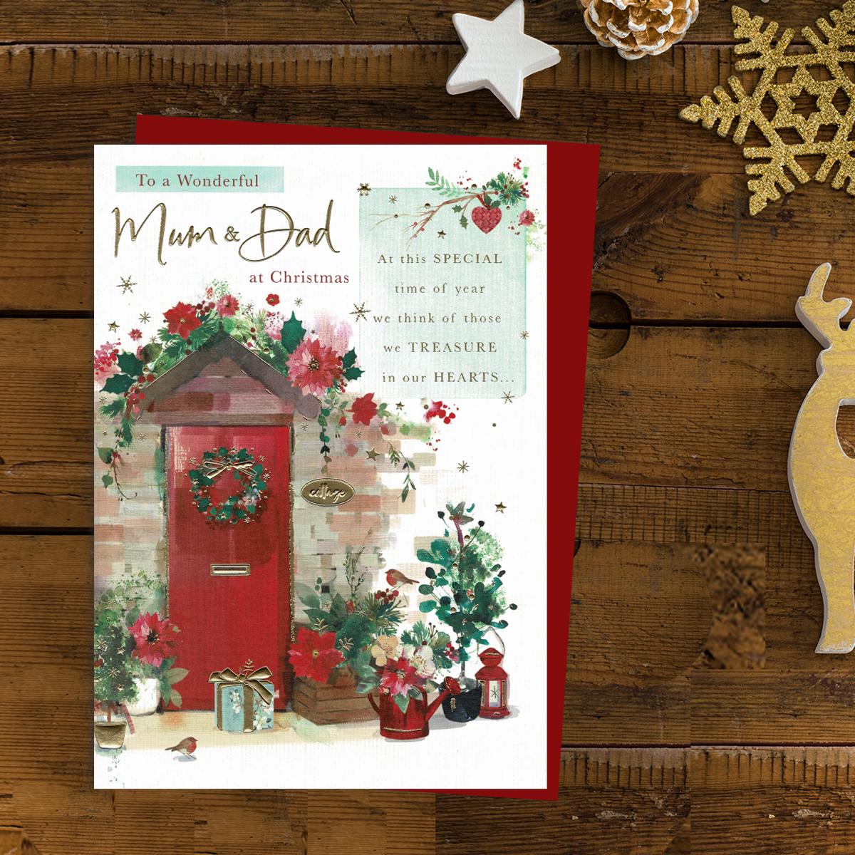 Wonderful Mum And Dad Christmas Card Alongside Its Red Envelope
