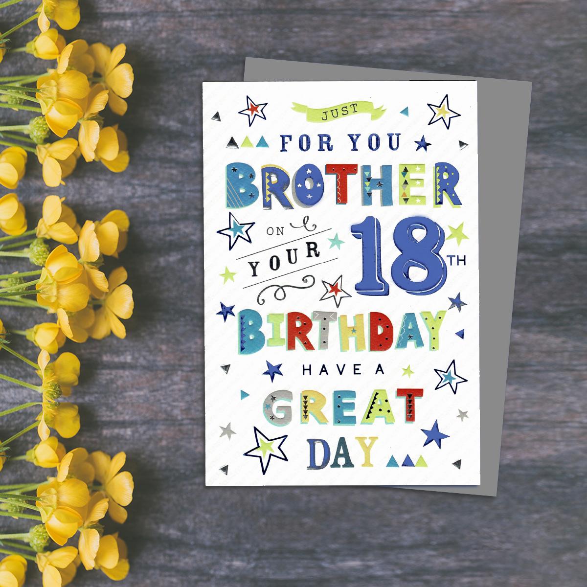 Brother Age 18 Birthday Card Alongside Its Blue Envelope