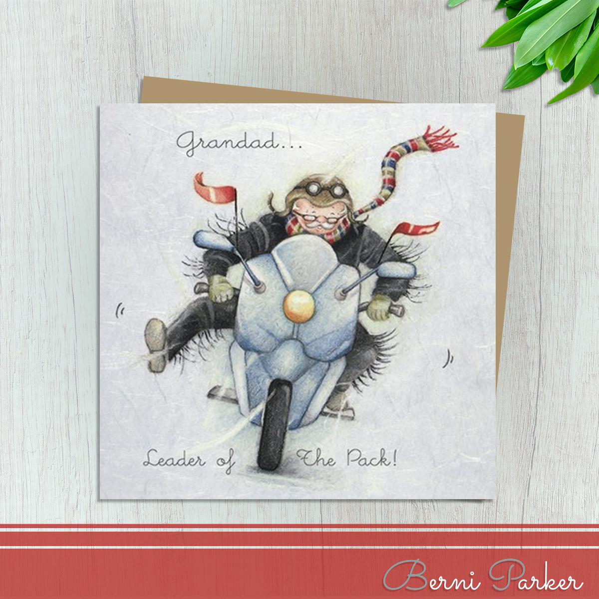 Showing Grandad Driving At Speed On A Motorbike. Caption: Grandad...Leader Of the pack! Blank inside For Own Message. Complete With Brown Kraft Envelope
