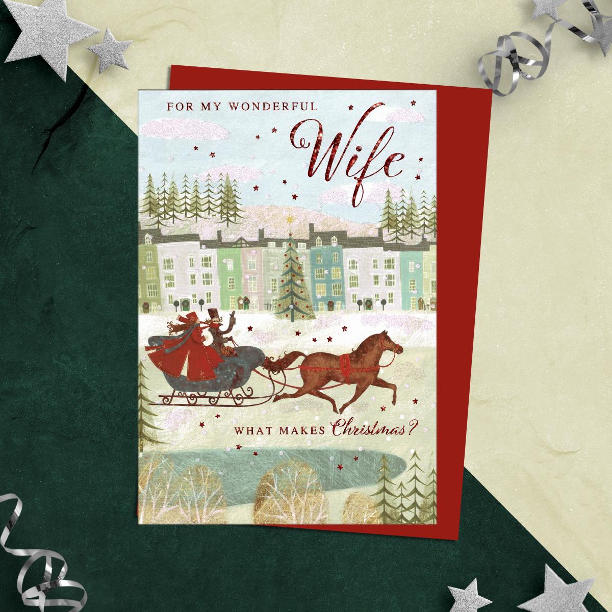 For My Wonderful Wife Featuring A Scene Of A Victorian Sleigh Ride. Finished With Red Foiled Lettering, Sparkle And Red Envelope