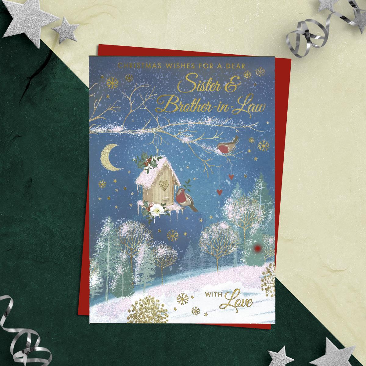 Christmas Wishes For A Dear Sister and Brother In Law With love Showing A Beautiful Snow Covered Bird House Hanging From A Tree With Robins. Finished with Gold Foil Lettering , Sparkle And Red Envelope