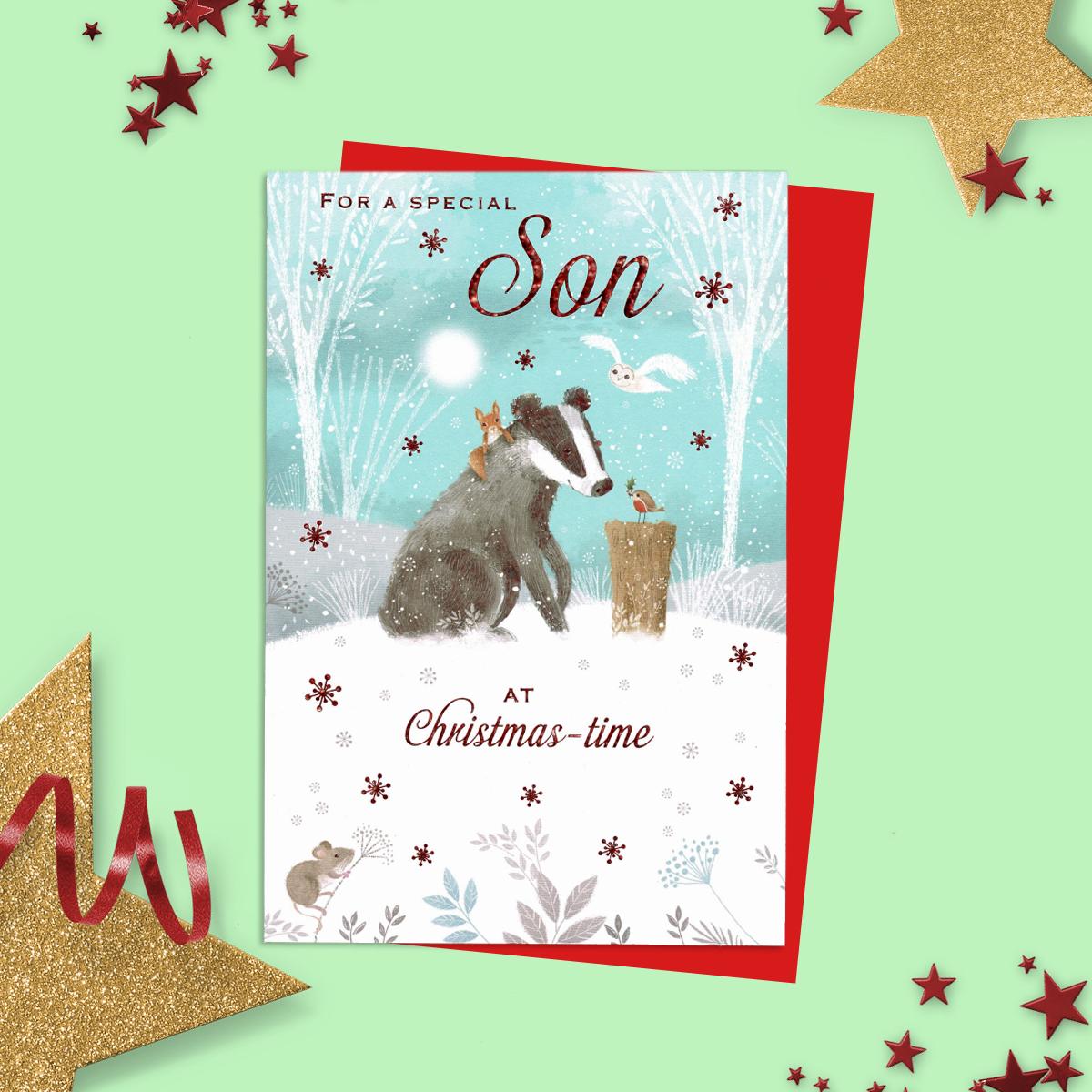 For A Special Son At Christmas-Time Featuring A Badger And Woodland Friends! Finished With Red Foil Detail And Red Envelope