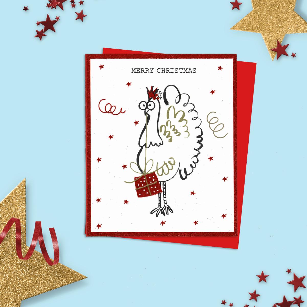 General Christmas Card Featuring A Doodled Turkey With A Christmas Gift! Added Red Glitter And Red Envelope To Finish