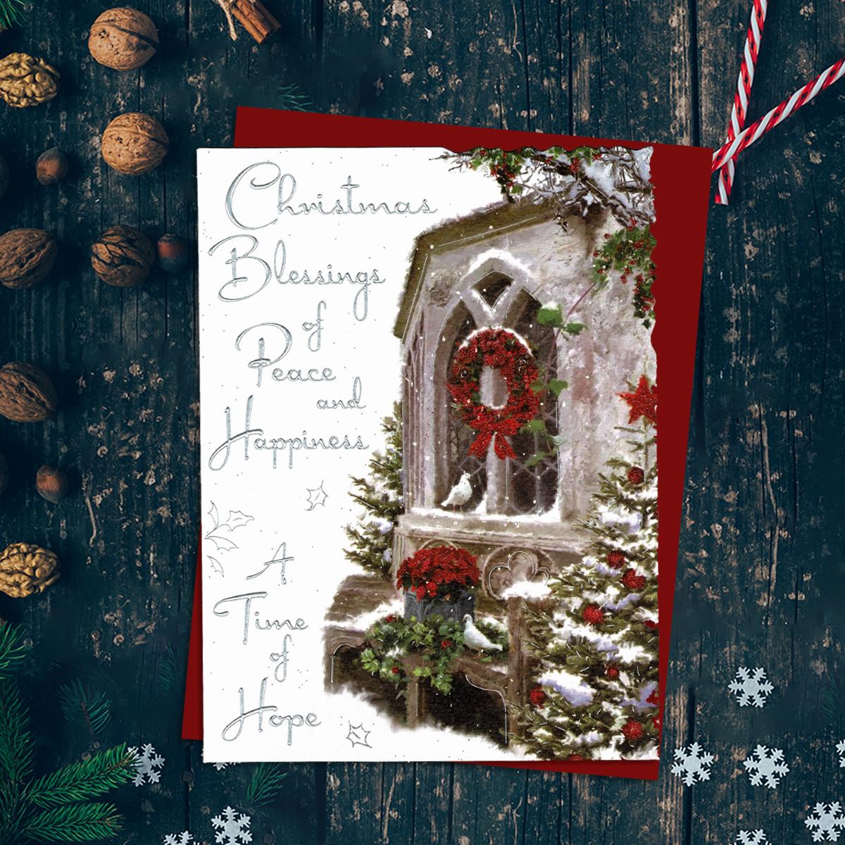 Christmas Blessings Of Peace And Happiness A Time Of Hope Featuring A Decorated Church Window With Christmas Wreath And Doves. Finished With Silver foil Detail And Added Sparkle
