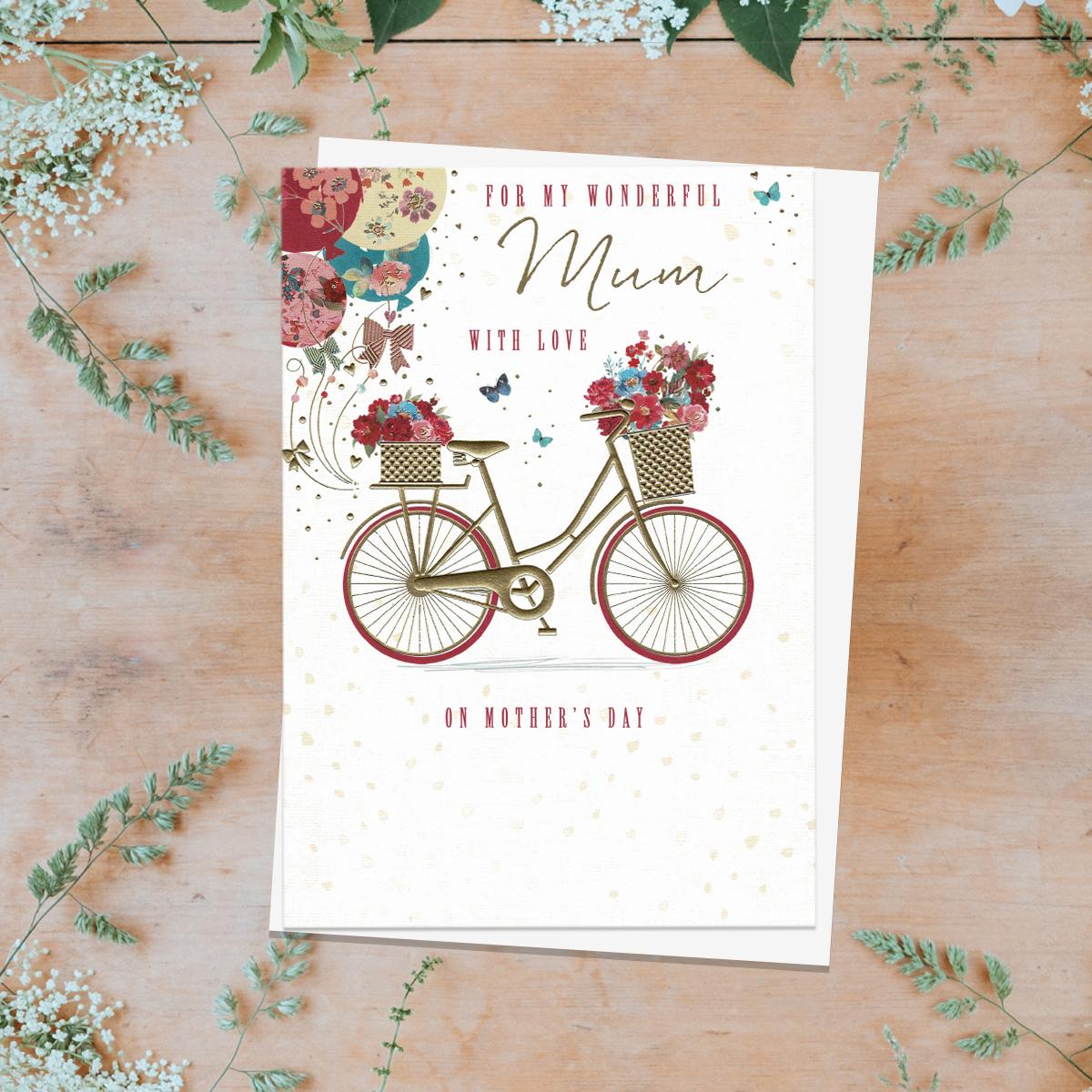 'For My Wonderful Mum With Love On Mother's Day' Showing A Beautiful Bicycle Filled With Flowers. Stunning Gold Foil Detail And White Envelope