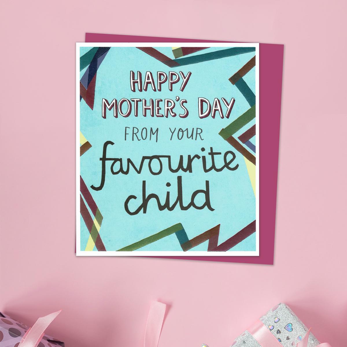 Happy Mother's Day From Your Favourite Child Card Featuring Geometric Multi Coloured Foiling Detail And Cerise Envelope