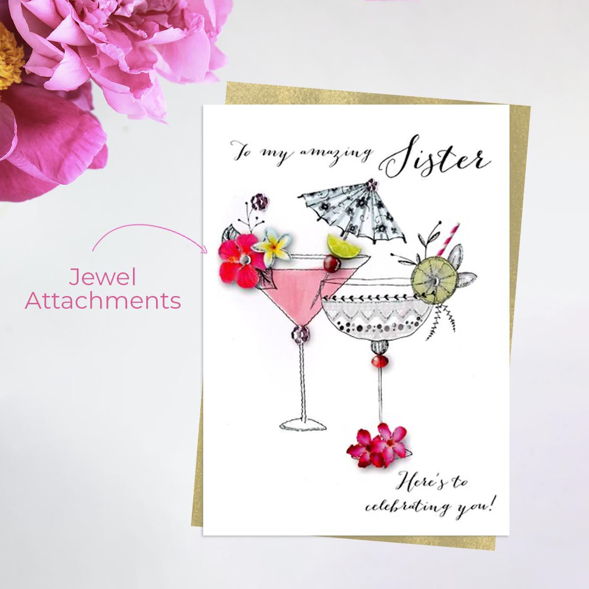 Cocktails Sister Birthday Card Alongside Its Ivory Envelope