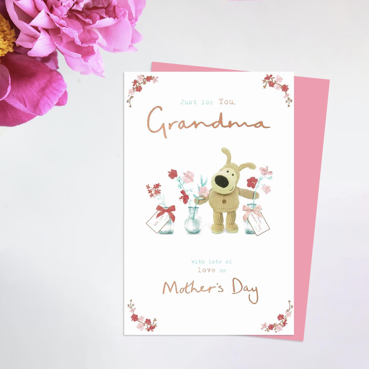 Grandma Boofle Bear Mother's Day Card Alongside Its Light Pink Envelope