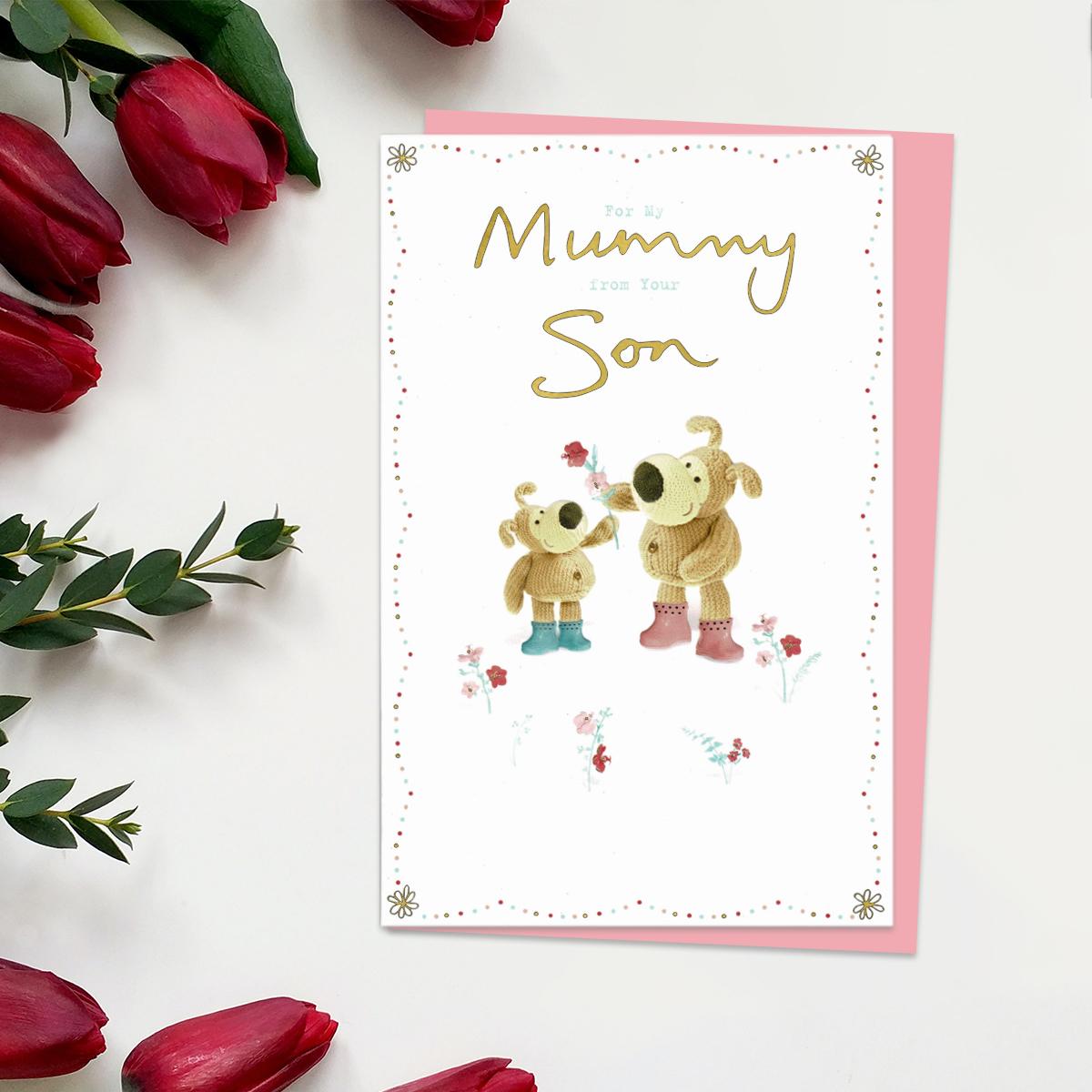' For My Mummy From Your Son' Mother's Day Card Showing Boofle Bear Holding Out A Flower To A Smaller Bear!