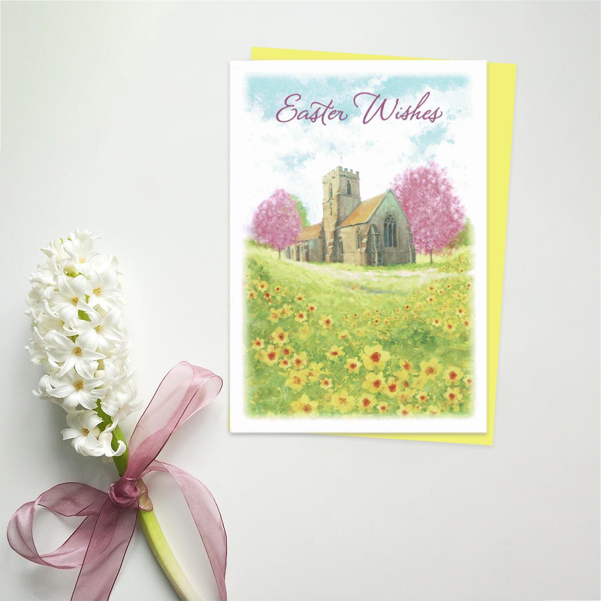 Easter Wishes Greeting Card Alongside Its Yellow Envelope