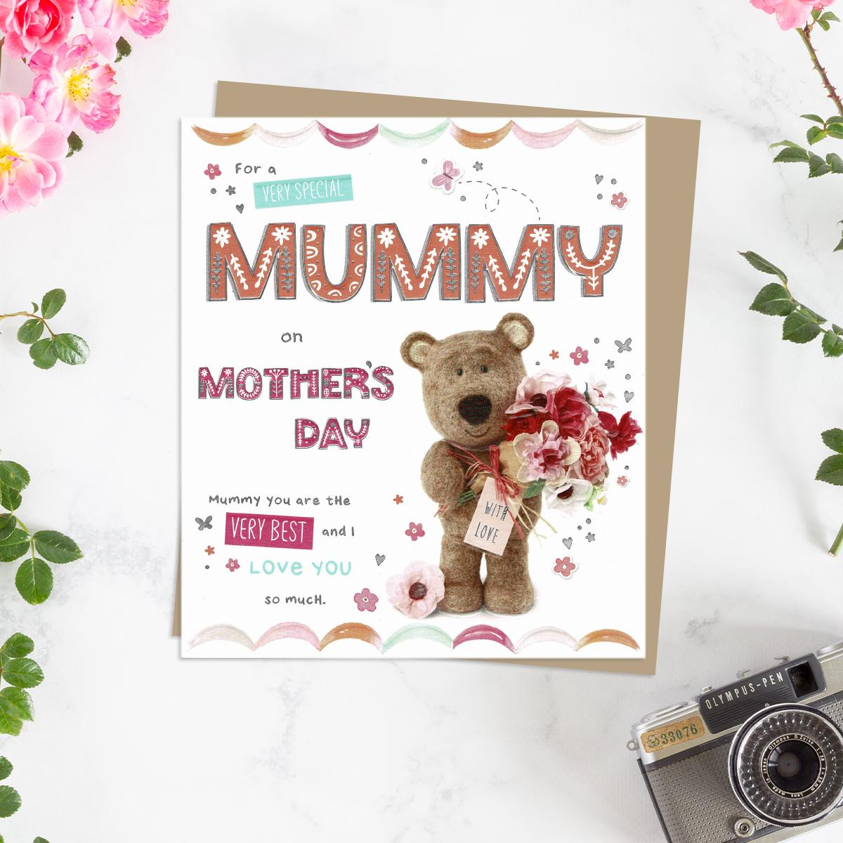 ' For A Very Special Mummy On Mother's Day' Featuring Barley Bear With Flowers! Complete With Silver Foiling Detail And Brown Envelope