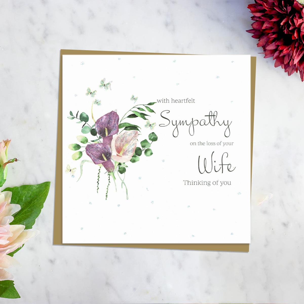 ' With Heartfelt Sympathy On The Loss Of Your Wife Thinking Of You' Card Featuring Beautiful Pink And Purple Calla Lillies. With Discreet Sparkle And Brown Envelope. Blank For Own Message