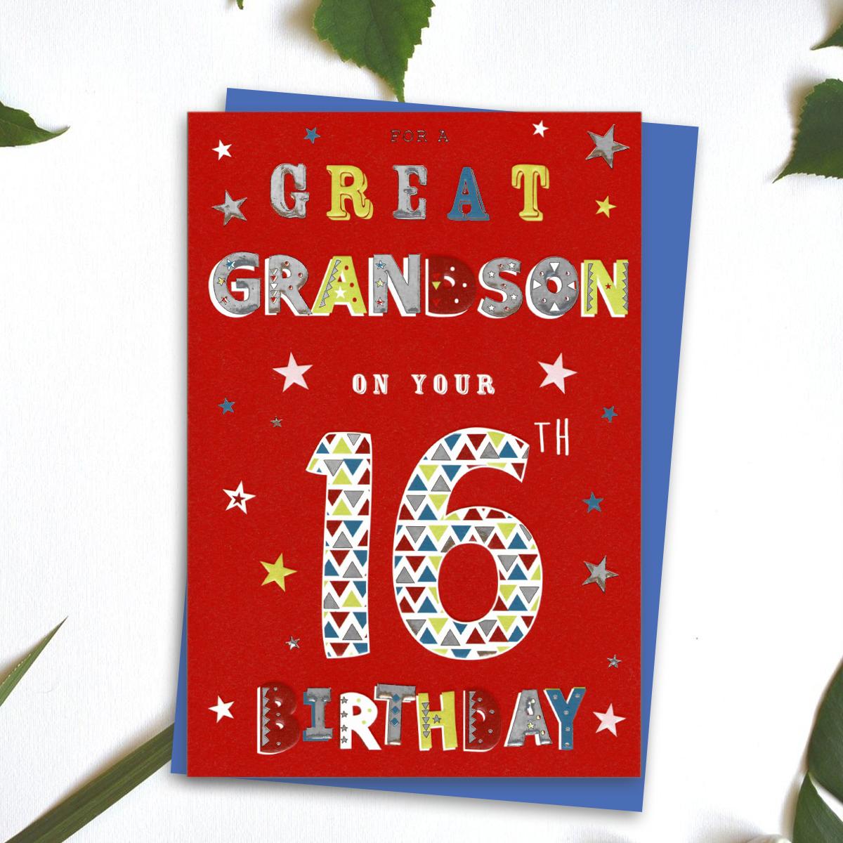 Great Grandson Age 16 Birthday Card Alongside Its Blue Envelope