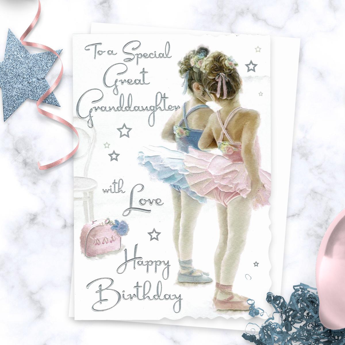 'To A Special Great Granddaughter With Love Happy Birthday' Card Featuring Two Little Girls Dressed For Ballet Class. With Added Sparkle And Silver Foil Detail. Complete With White Envelope