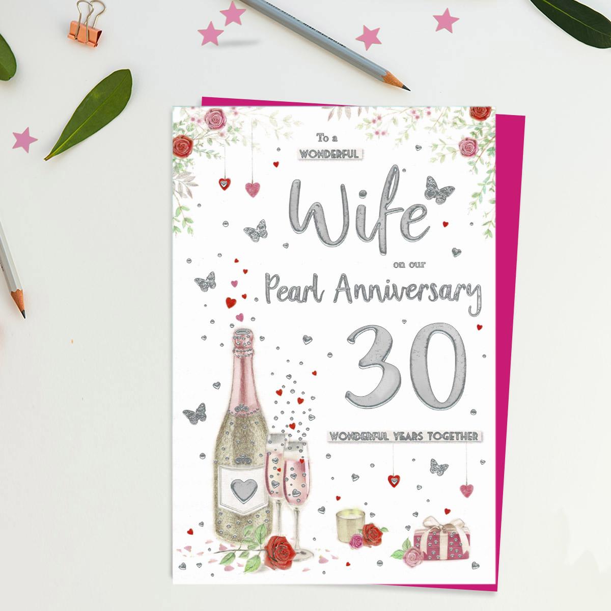 Wife Pearl Anniversary Card Sitting Alongside Its Pearl Ivory Envelope