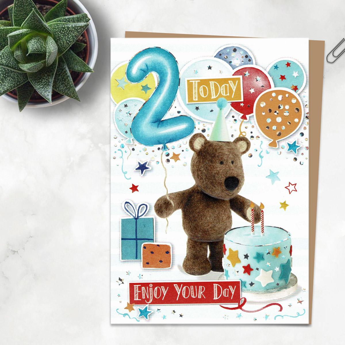 Barley Bear Age 2 Birthday Card Alongside Its Kraft Envelope