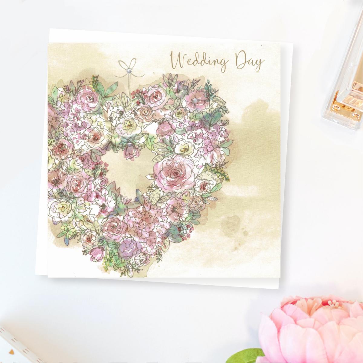 Wedding Day Floral Heart Card Front Image