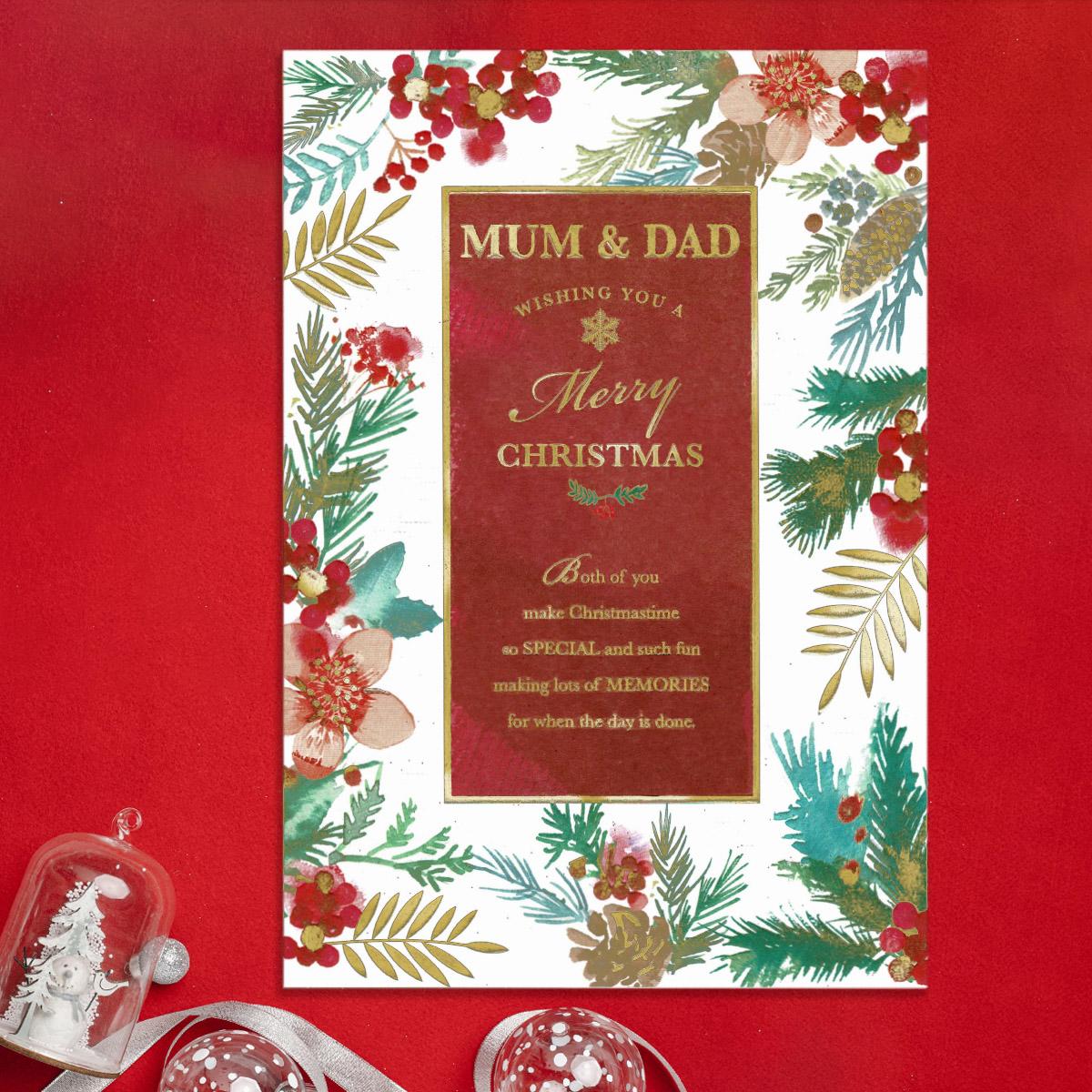 Mum & Dad Floral Border Christmas Card Front Image