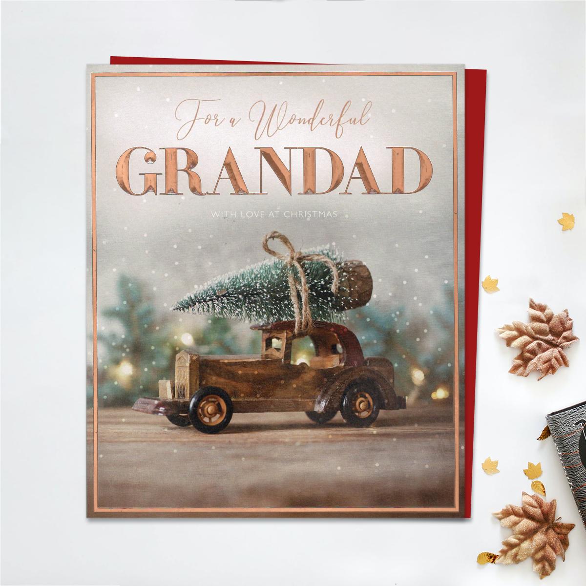 Grandad Bringing The Christmas Tree Home Card Front Image