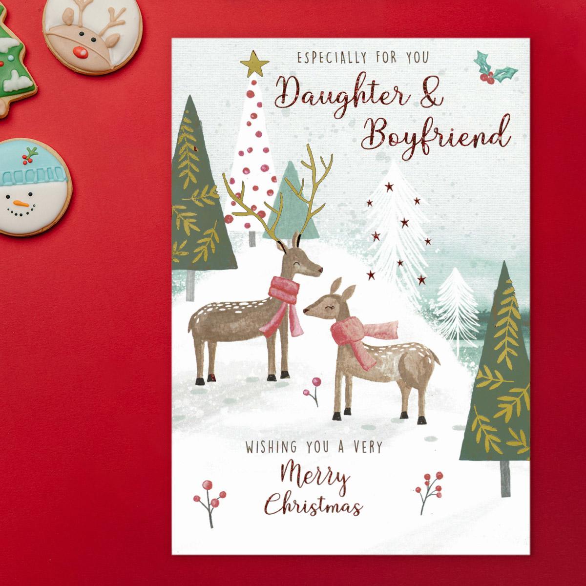 Daughter And Boyfriend Christmas Reindeers Card Front Image