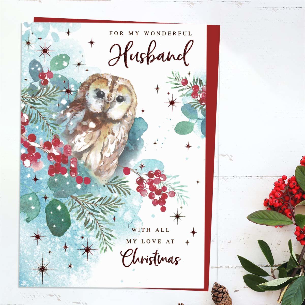 Wonderful Husband Festive Owl Card Front Image