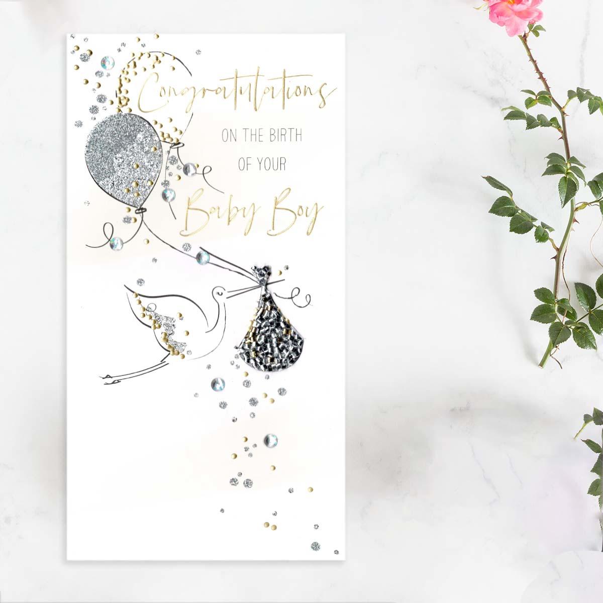 Congratulations Baby Boy Decoupage Stork Card Front Image