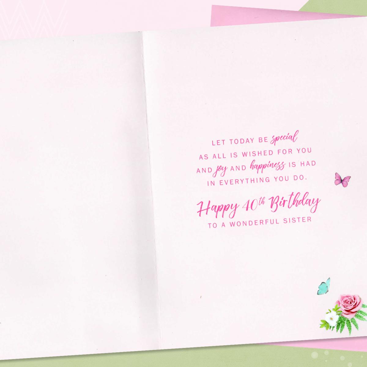 Inside Image Of Age 40 Sister Card To Show Layout And Printed Text