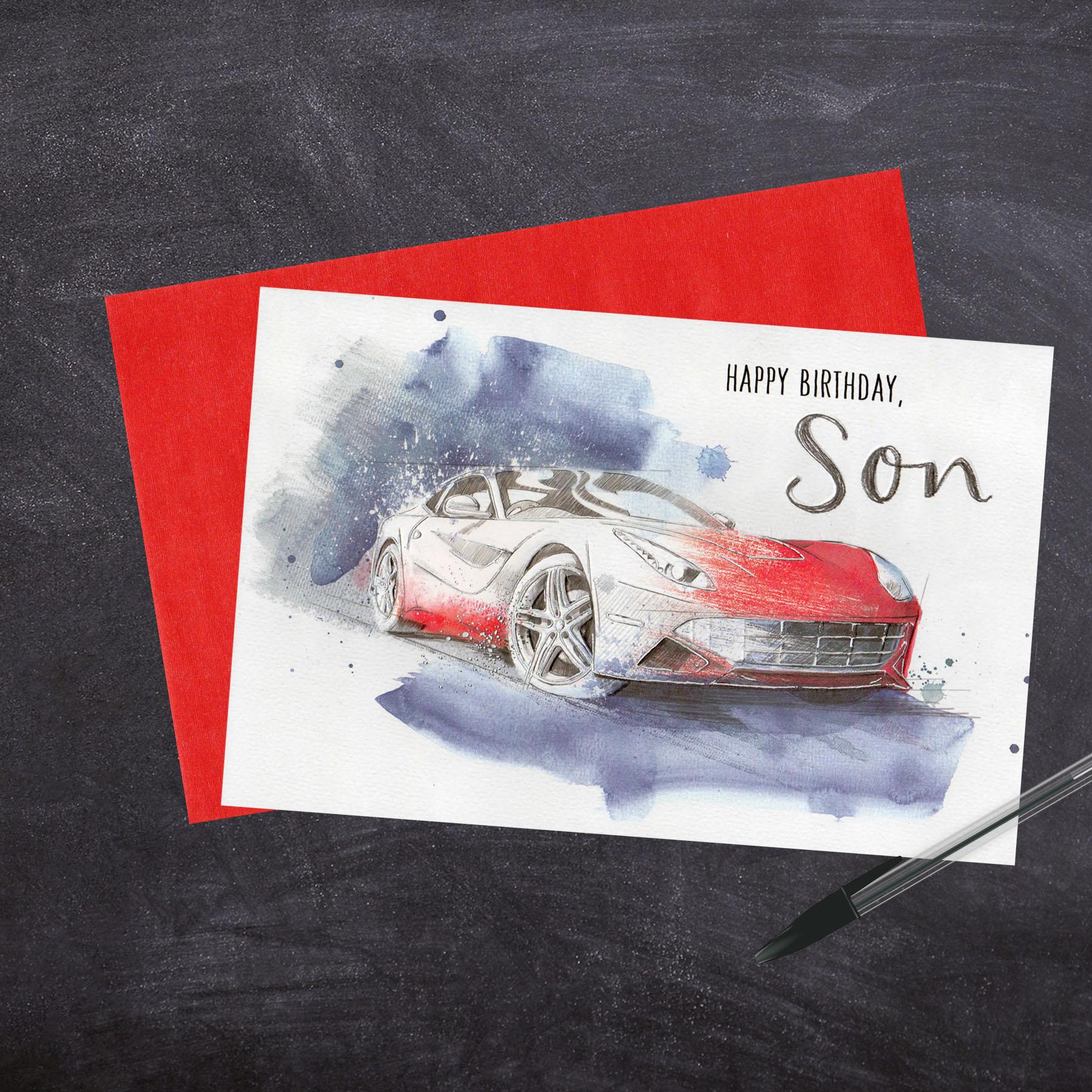 Red Sports Car Birthday Card Alongside Its Envelope