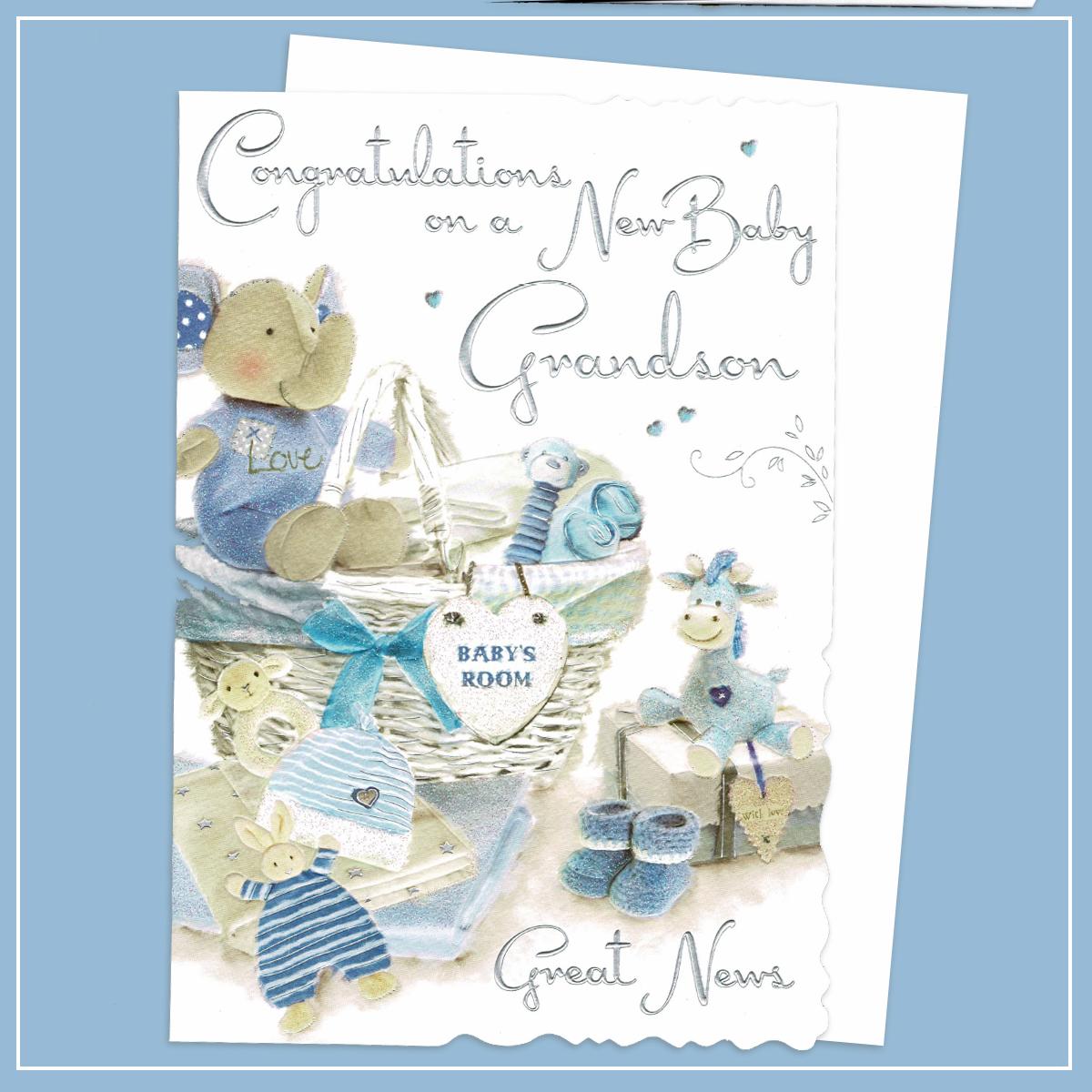 New Baby Grandson Birth Card Alongside Its White Envelope