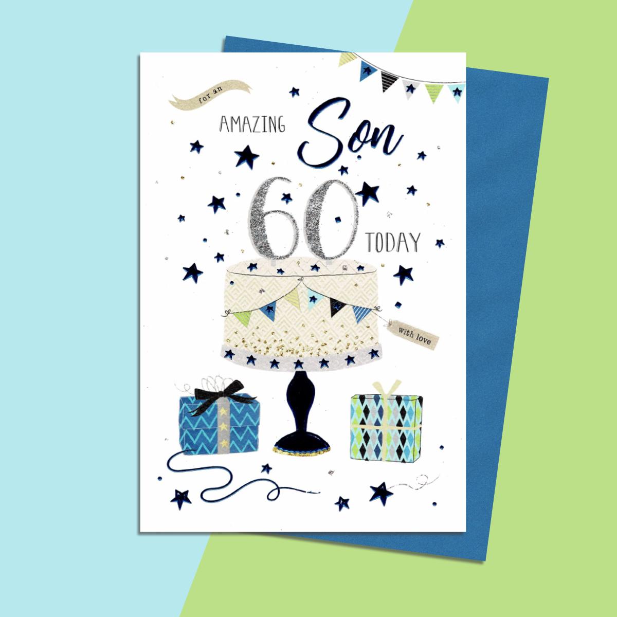 Son Age 60 Birthday Card Alongside Its Blue Envelope
