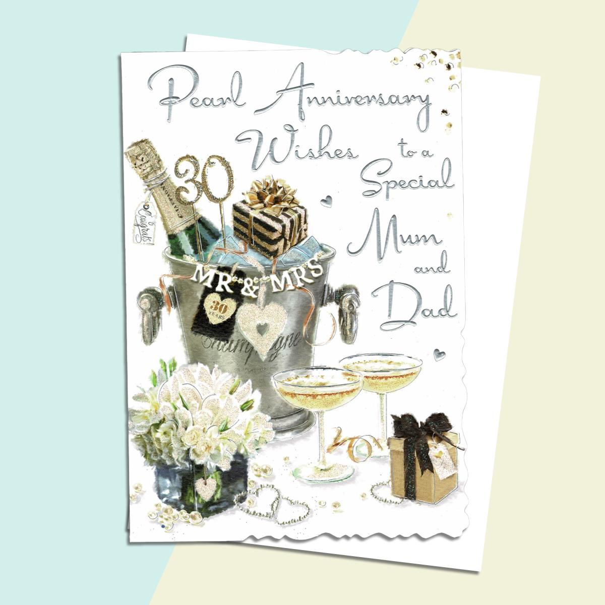Mum And Dad Pearl Anniversary Card Alongside Its White Envelope