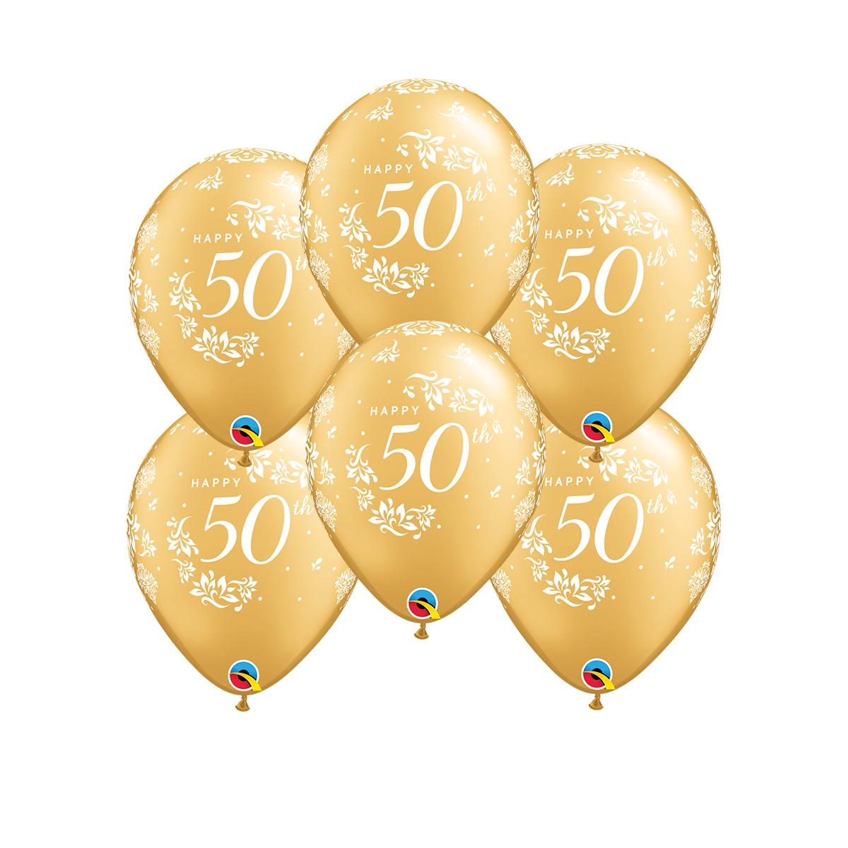 6 Inflated Golden Wedding Anniversary Latex Balloons