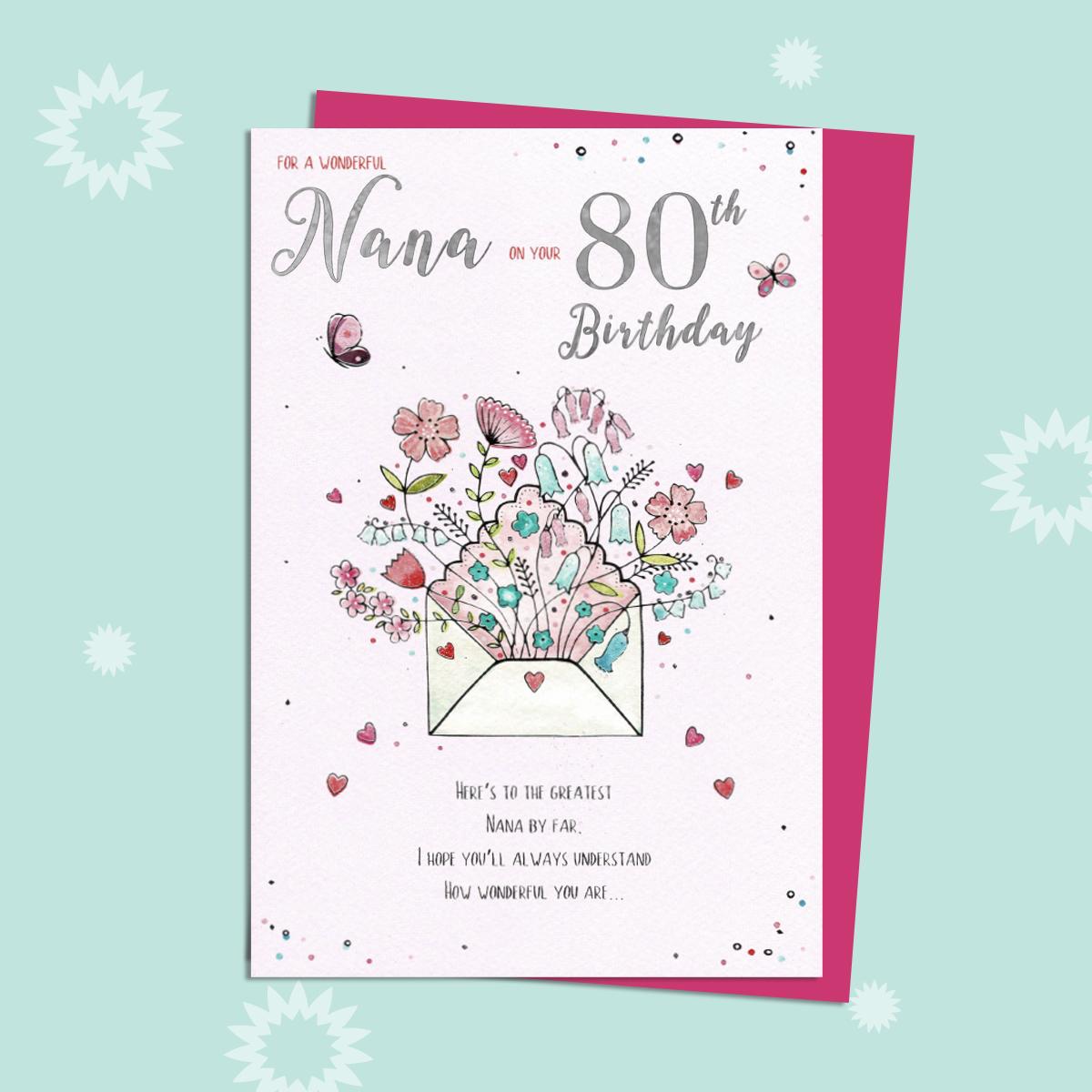 Nana On Your 80th Birthday Card Alongside Its Magenta Envelope