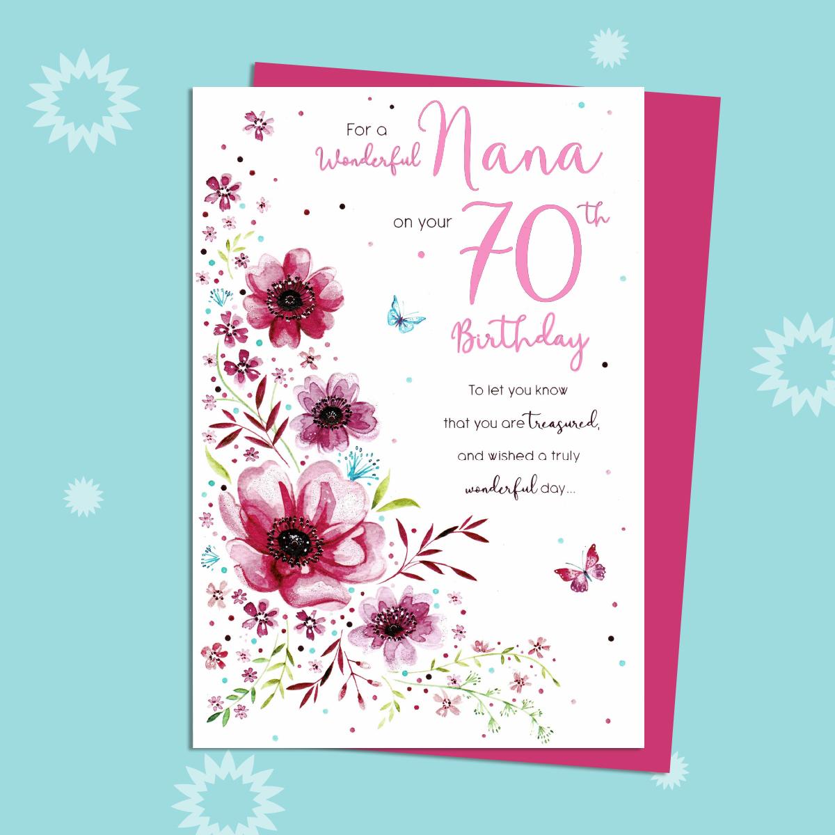 Nana On Your 70th Birthday Card Alongside Its Magenta Envelope