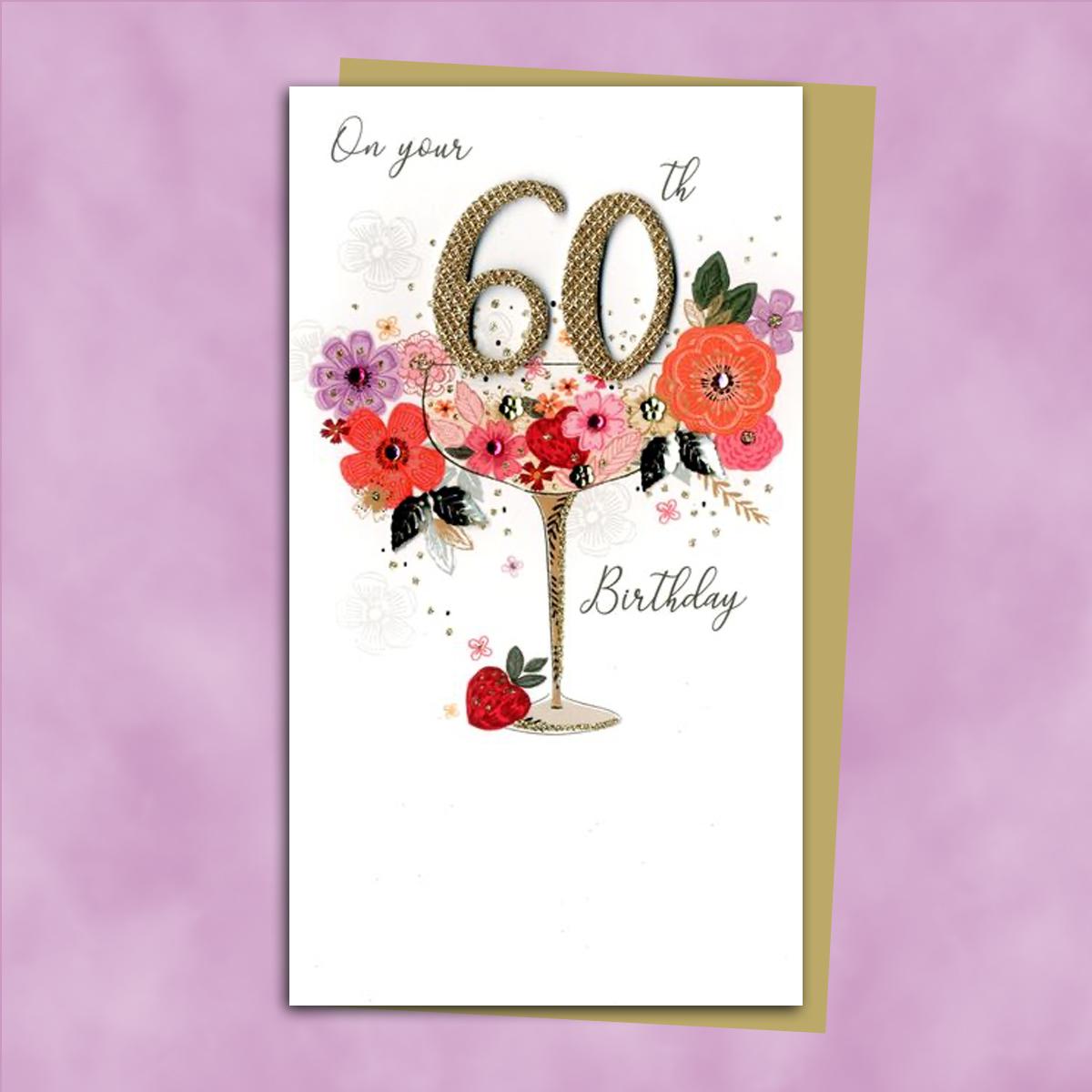 60th Cocktail Glass Themed Birthday Card Alongside Its Gold Envelope