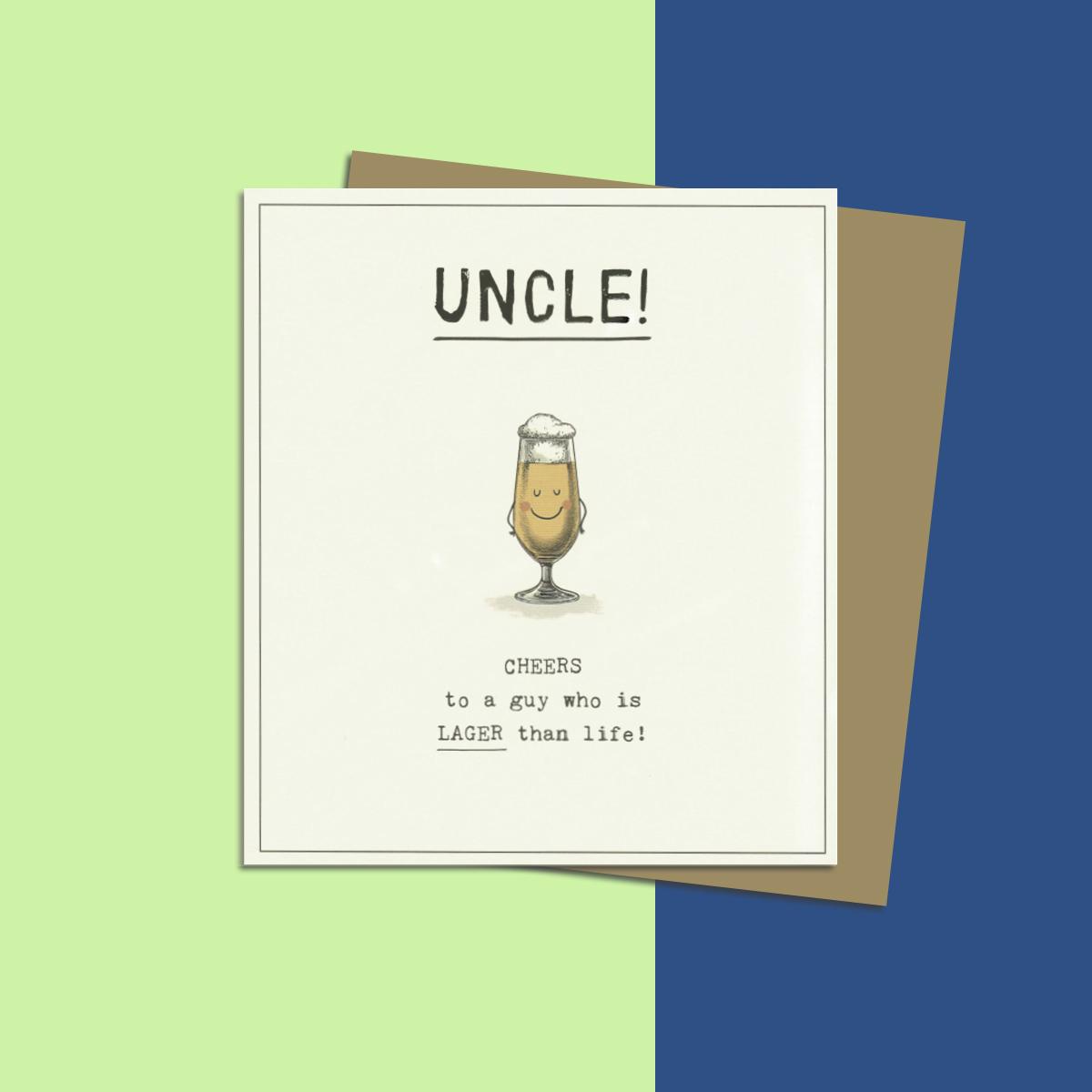 Uncle Lager Themed Birthday Card Alongside Its Kraft Envelop