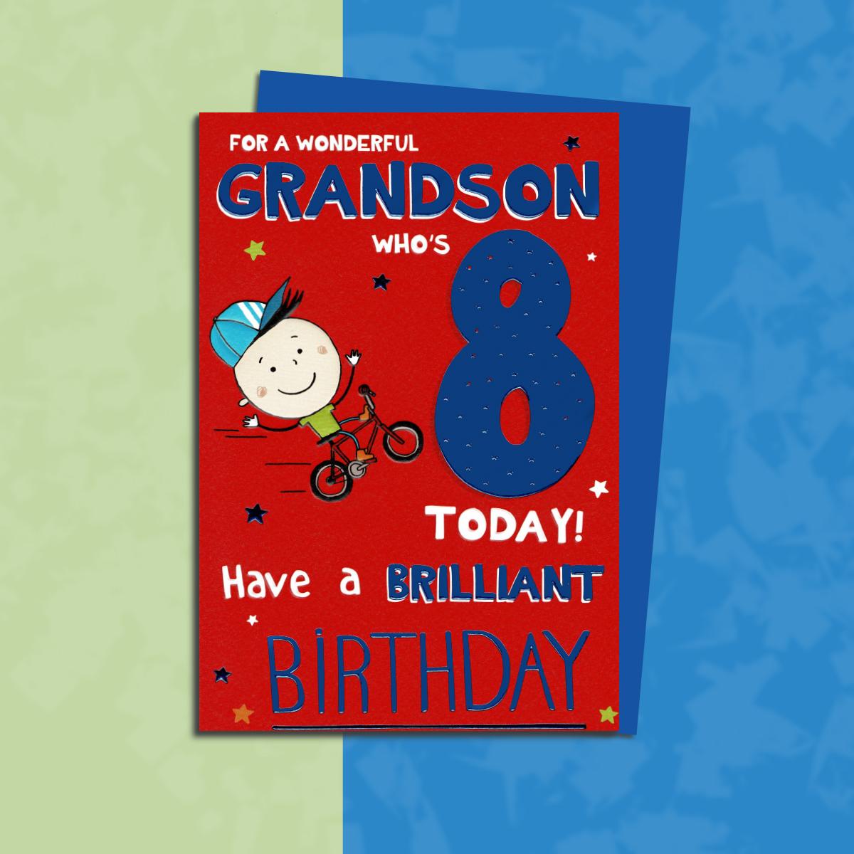 Grandson Age 8 Birthday Card Sitting On A Display Shelf