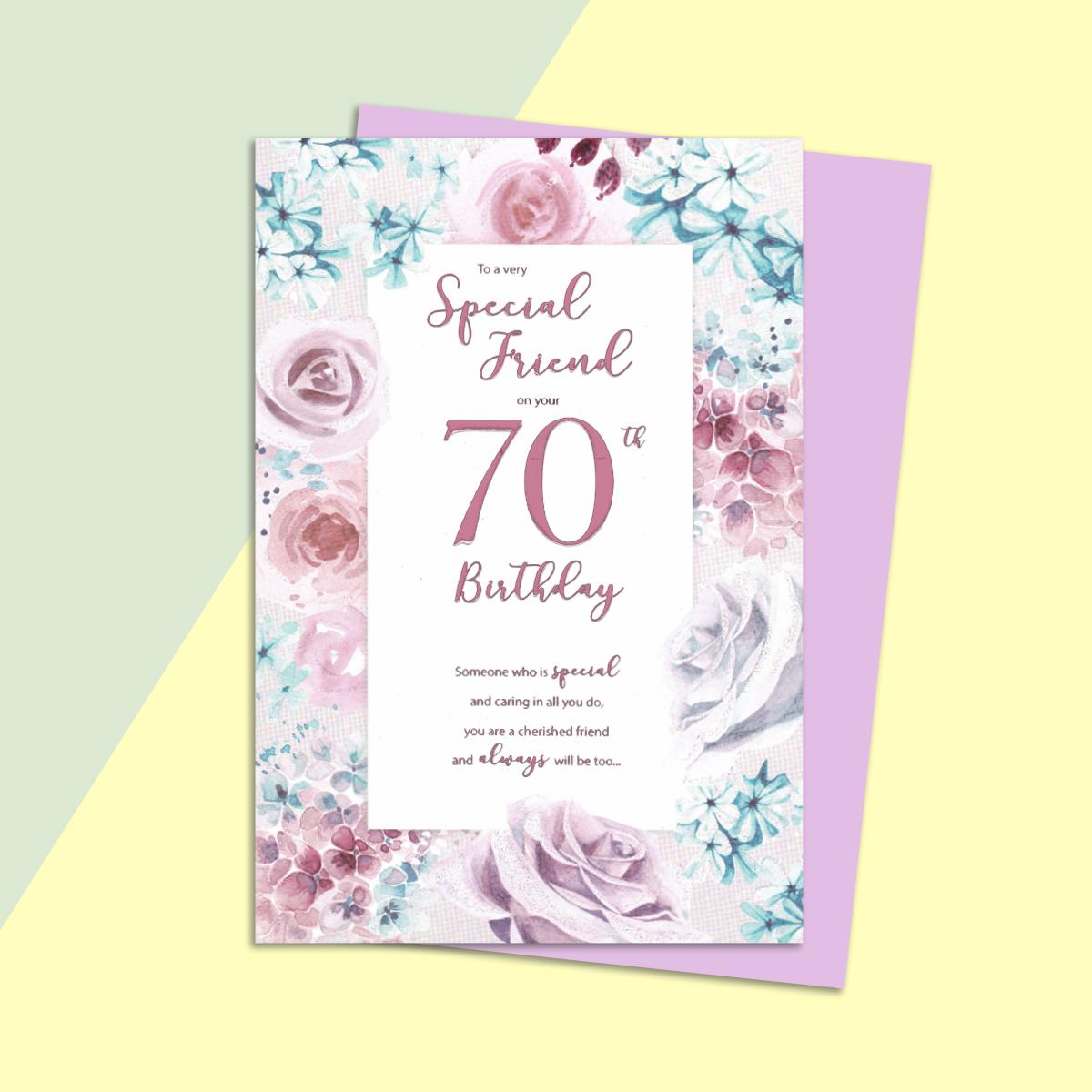 Friend Age 70 Birthday Card Alongside Its Lilac Envelope