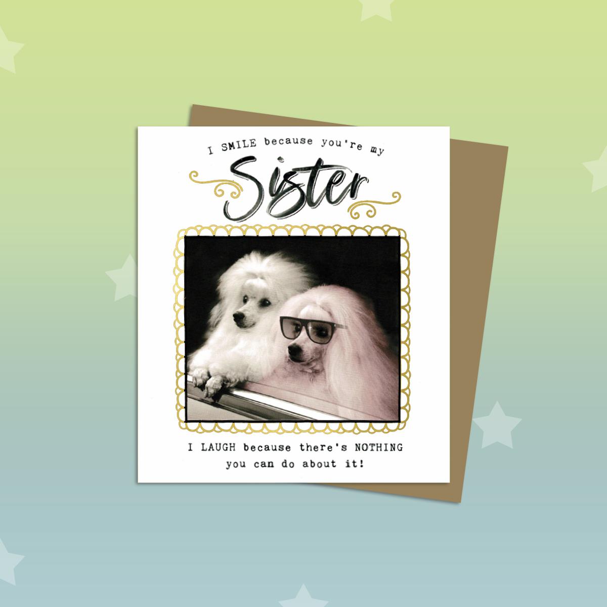 Sister Two Poodles Birthday Card Alongside Its Kraft Envelope