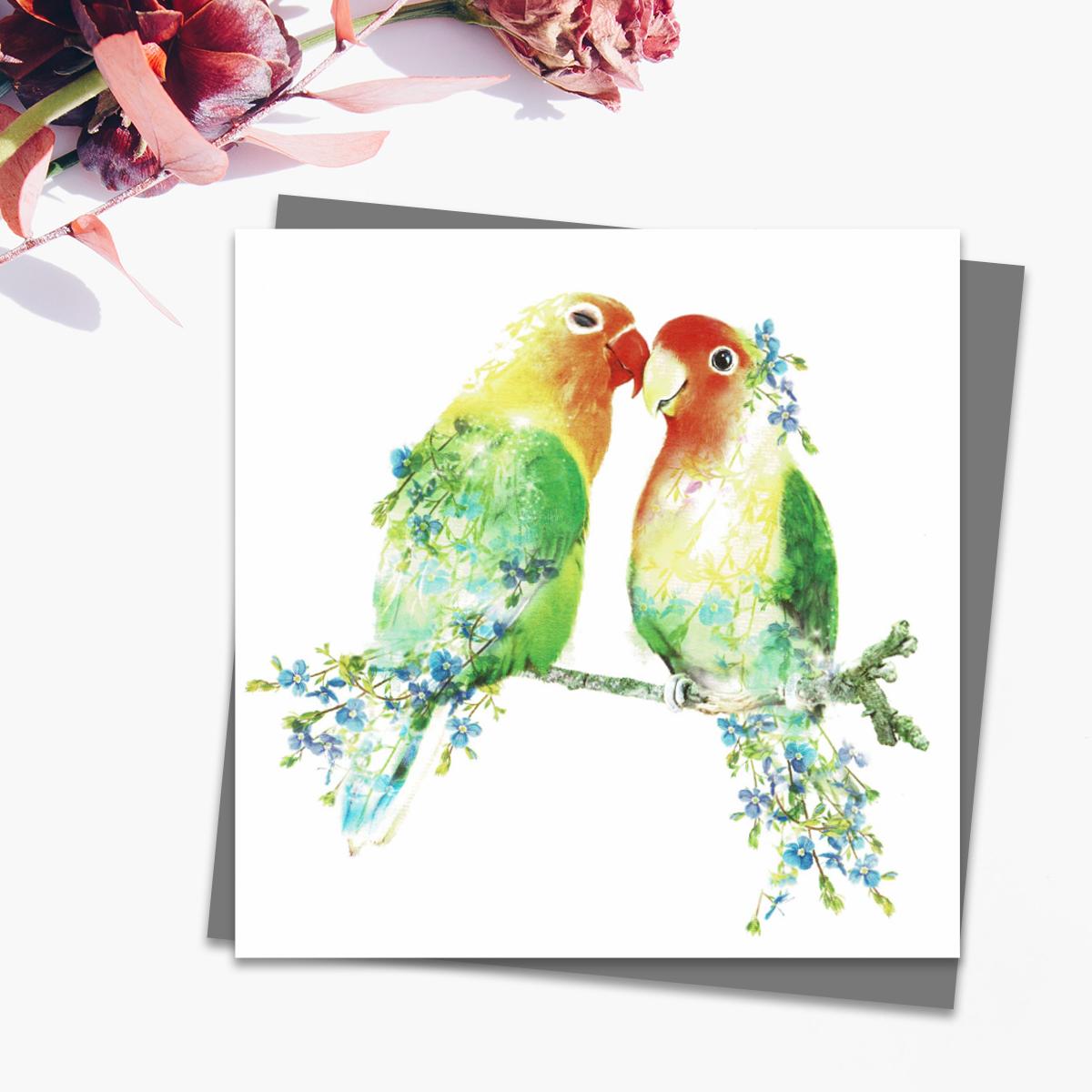 Floral Love Birds Blank Card Alongside Its Dark Grey Envelope
