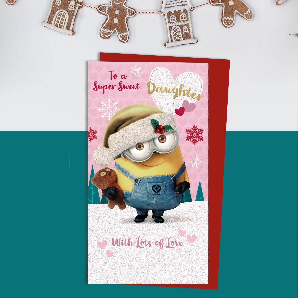 Daughter Minions Christmas Card Alongside Its Red Envelope