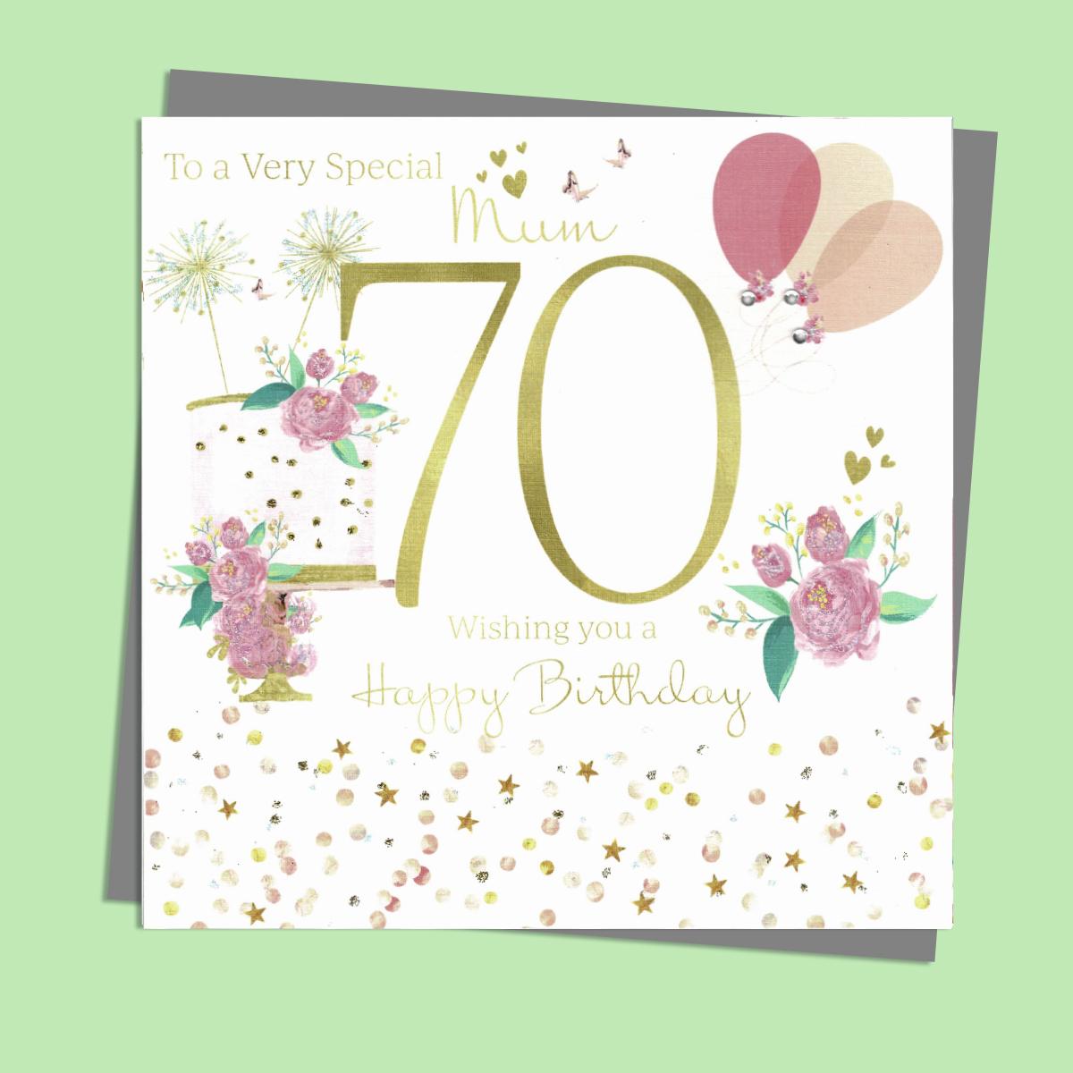 Mum 70 Birthday Card Alongside It's Silver Envelope
