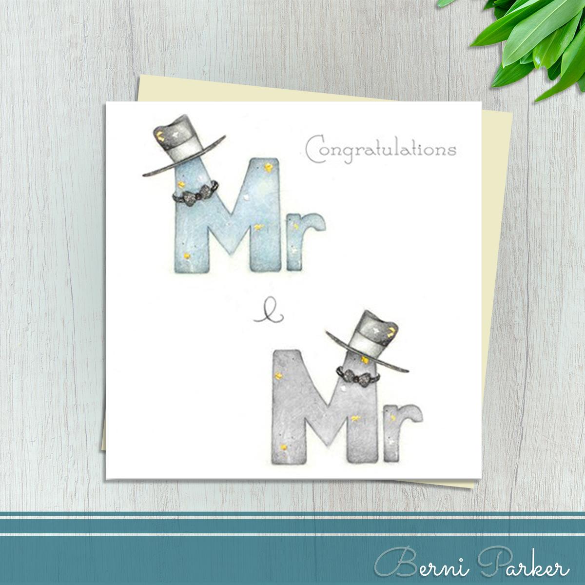 Congratulations Card For Mr And Mr. Shows The Words Mr And Mr Adorned With Top Hats And Bow Ties. Finished With Silver Foil Accents And Completed With An Ivory Envelope